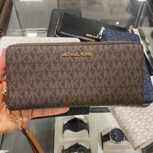 Michael Kors Logo Travel Continental Wallet Wristlet Brown